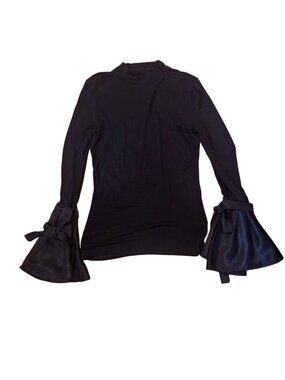 Black Long Sleeve Top With Satin Bell Sleeves & Bow Details Size M